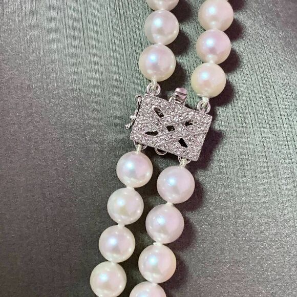 Diamond Akoya Pearl 2-Strand Necklace 17" 18k Gold 6.5mm Certified $8,750 120675 - Picture 3 of 11